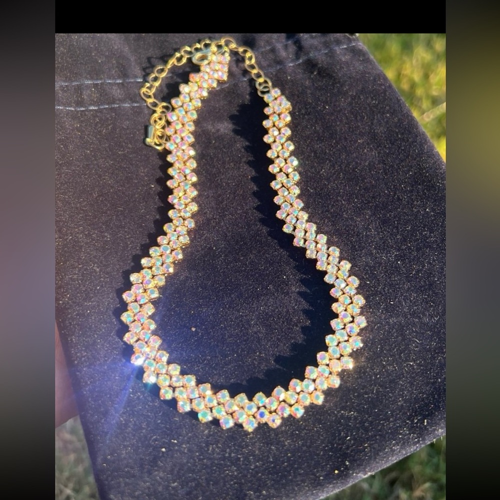 Gold plated AB crystal choker/short tennis necklace